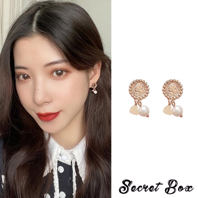 【SECRET BOX】韓國設計S925銀針復古錢幣珍珠墜飾法式耳環