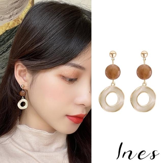【INES】韓國設計S925銀針復古木珠滴釉圈圈造型耳環