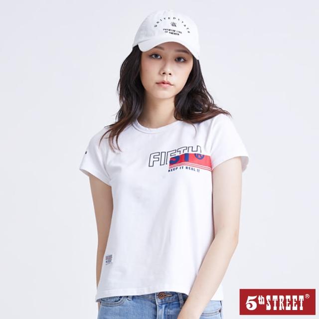 【5th STREET】女橫條文字短袖T恤-白色