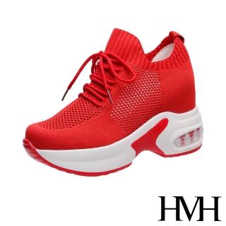 【HMH】舒適時尚縷空飛織網布綁帶造型氣墊厚底內增高休閒鞋(紅)