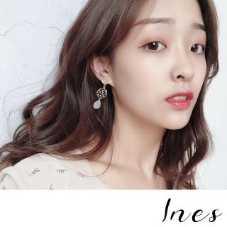 【INES】韓國設計S925銀針花葉縷空金屬片復古水滴寶石耳環