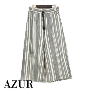 【AZUR】棉麻條紋休閒綁帶寬褲