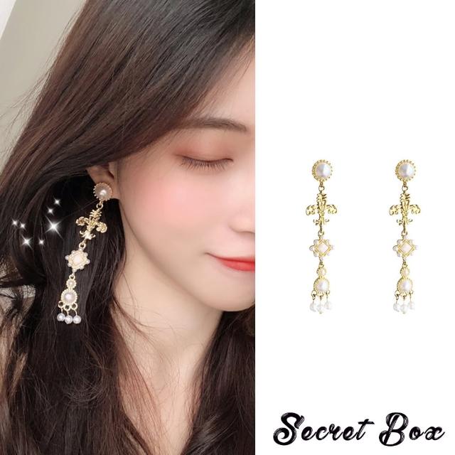 【SECRET BOX】韓國設計S925銀針巴洛克復古十字架珍珠耳環