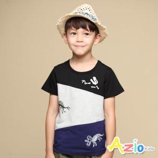 【Azio Kids 美國派】男童 上衣 幾何接片小恐龍印花短袖上衣T恤(黑)