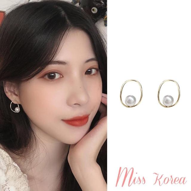【MISS KOREA】韓國設計S925銀針橢圓金屬線條氣質珍珠耳環(2色任選)