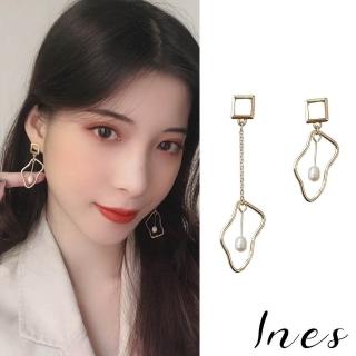 【INES】韓國設計S925銀針不規則金屬縷空幾何形狀珍珠長耳環