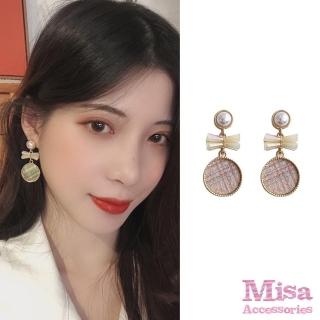 【MISA】韓國設計S925銀針清新甜美格子布蝴蝶結珍珠耳環(2色任選)