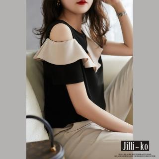 【JILLI-KO】荷葉邊露肩撞色氣質小衫-M/L/XL(黑)