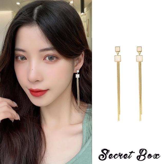 【SECRET BOX】韓國設計S925銀針幾何方塊長流蘇造型耳環