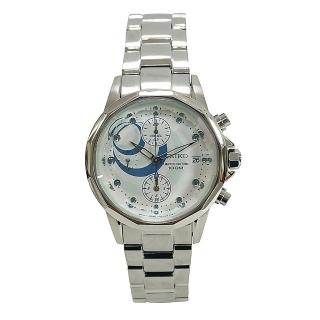 【SEIKO 精工】SEIKO經典白面銀錶帶水鑽鑲飾三眼計時腕錶(白x銀)