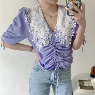 【BBHONEY】韓國蕾絲花邊娃娃領設計抽繩顯瘦上衣襯衫(網美必備款)