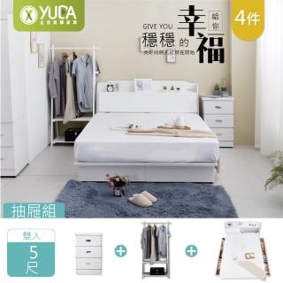 【YUDA 生活美學】英式小屋4件組 6抽屜床底+床頭箱+床頭櫃+吊衣架 5尺雙人床組/床架組(抽屜型床組)