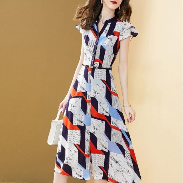 【FQ 時尚天后】紅灰藍不規則色塊小飛袖洋裝(中大尺碼/S-4XL)