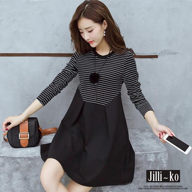 【JILLI-KO】買一送一 中大碼彈力條紋拼接連衣裙-F(黑)