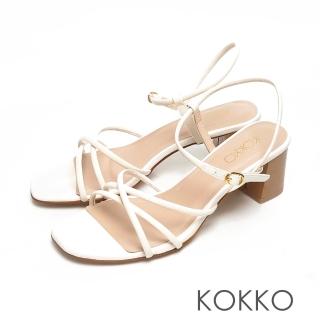 【KOKKO 集團】時髦方頭小牛皮粗跟超細帶涼拖鞋(實感米)