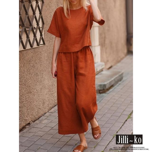【JILLI-KO】兩件套棉麻休閒套裝-F(橘/黑)