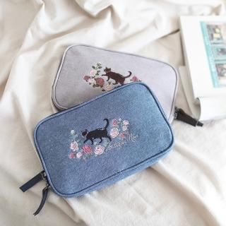 【BonBon naturel】日式插畫花卉貓隨身化妝包(多種顏色可挑選)