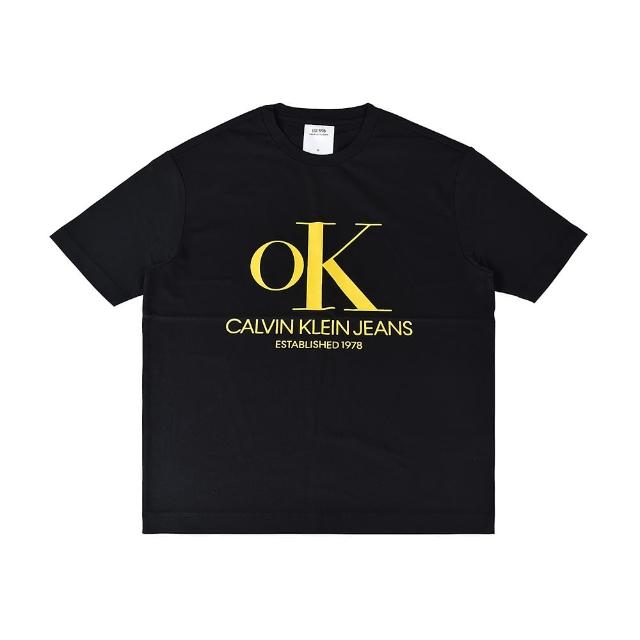 【Calvin Klein 凱文克萊】CK Calvin Klein黃字OK印花LOGO純棉短T(S/黑)