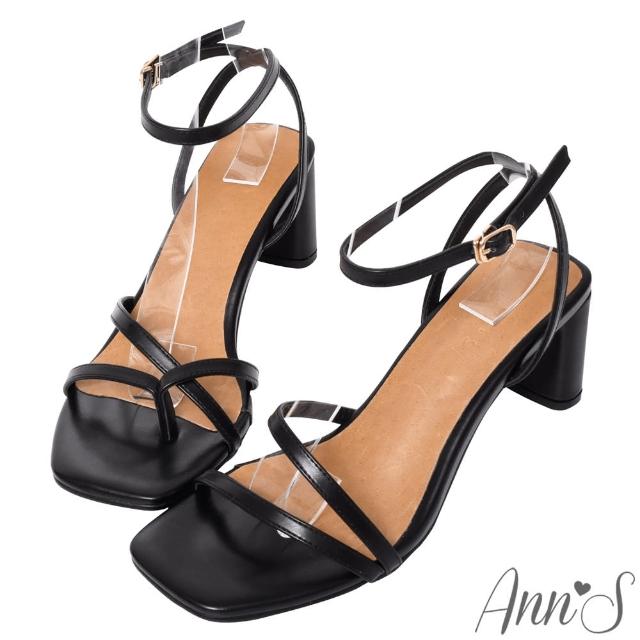【Ann’S】一雙不對稱設計的方頭粗跟涼鞋6cm-版型偏小(黑)