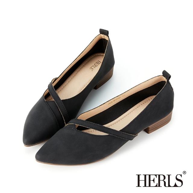 【HERLS】低跟鞋-橫帶鏤空尖頭低跟鞋(黑色)