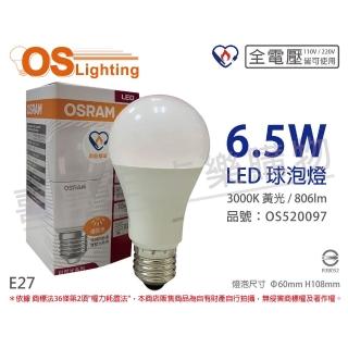 【Osram 歐司朗】6入組 LED 6.5W 3000K 黃光 E27 全電壓 球泡燈 _ OS520097