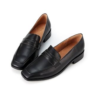 【HERLS】樂福鞋-全真皮經典便仕方頭低跟樂福鞋(黑色)