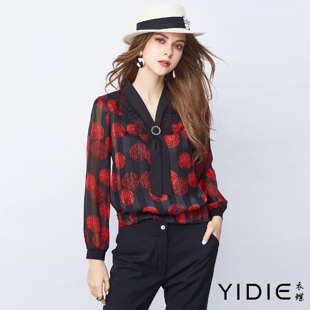 【YIDIE 衣蝶】紅圓蕾絲拼接領帶雪紡上衣-黑