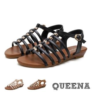 【QUEENA】低跟涼鞋 羅馬涼鞋/復古歐美縷空細帶造型低跟羅馬涼鞋(3色任選)