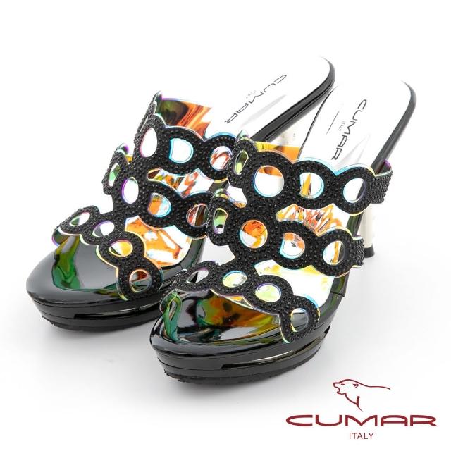 【CUMAR】雷射鏤空排鑽防水台高跟涼拖鞋(黑色)