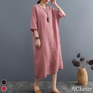 【ACheter】簡約氣息細格設計顯瘦棉麻洋裝#109211現貨+預購(2色)