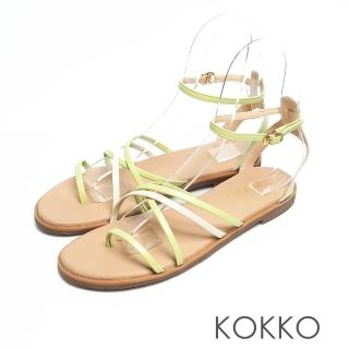 【KOKKO 集團】珍珠光細帶跳色小牛皮夾腳平底涼鞋(白X綠)