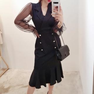 【BBHONEY】法式網紗拼接袖西裝領魚尾長裙連身洋裝(網美必備款)