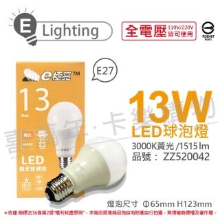 【E極亮】6入組 LED 13W 3000K 黃光 全電壓 球泡燈 _ ZZ520042