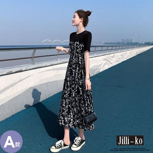 【JILLI-KO】赫本風拼接碎花連衣裙-M/L/XL(多款任選)