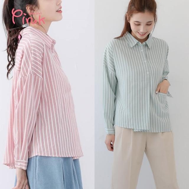 【PINK NEW GIRL】文青條紋壓褶造型長袖襯衫上衣 U4203MD(2色)