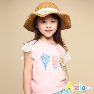 【Azio Kids 美國派】女童 上衣 蝴蝶結可愛冰淇淋印花蕾絲荷葉短袖上衣(粉)