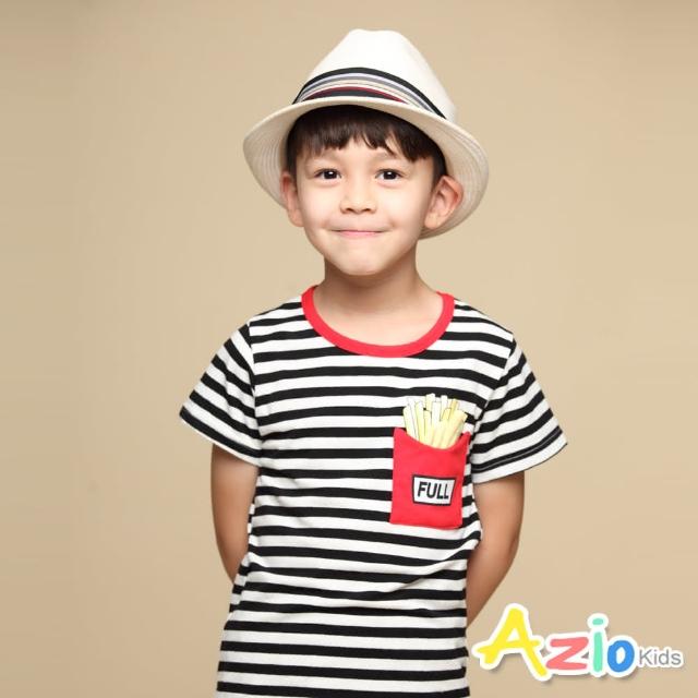 【Azio Kids 美國派】男童 上衣 配色圓領滾邊口袋薯條造型橫條紋短袖上衣T恤(黑)