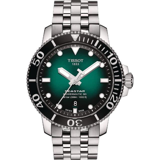 【TISSOT 天梭】Seastar 1000 海洋之星300米潛水機械錶-綠/43mm 送行動電源(T1204071109101)