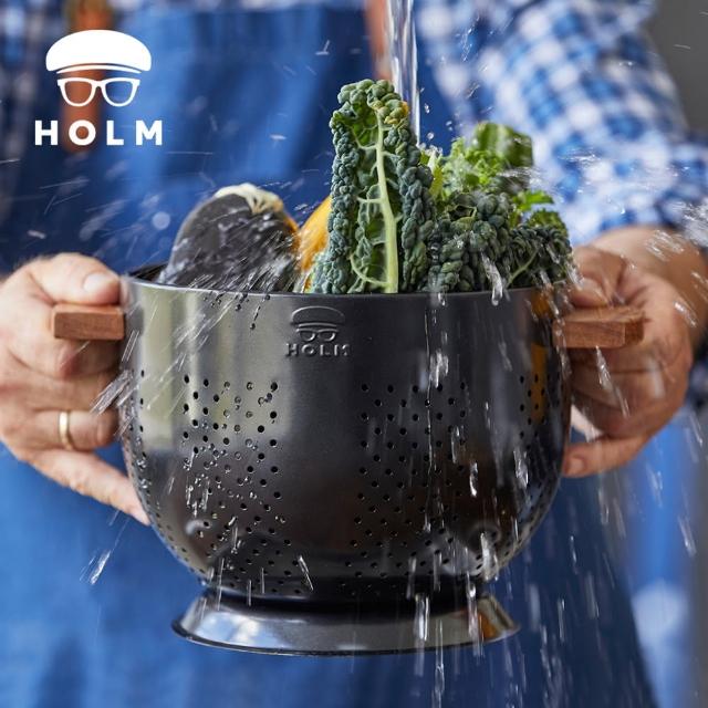 【丹麥HOLM】雙耳木柄深型鐵製蔬果瀝水盆(瀝水籃 篩籃 洗菜盆 料理盆)