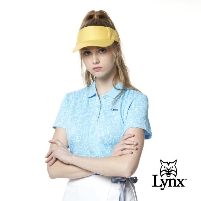 【Lynx Golf】女款吸濕排汗羅紋領滿版獎盃圖樣印花短袖POLO衫/高爾夫球衫(淺藍色)