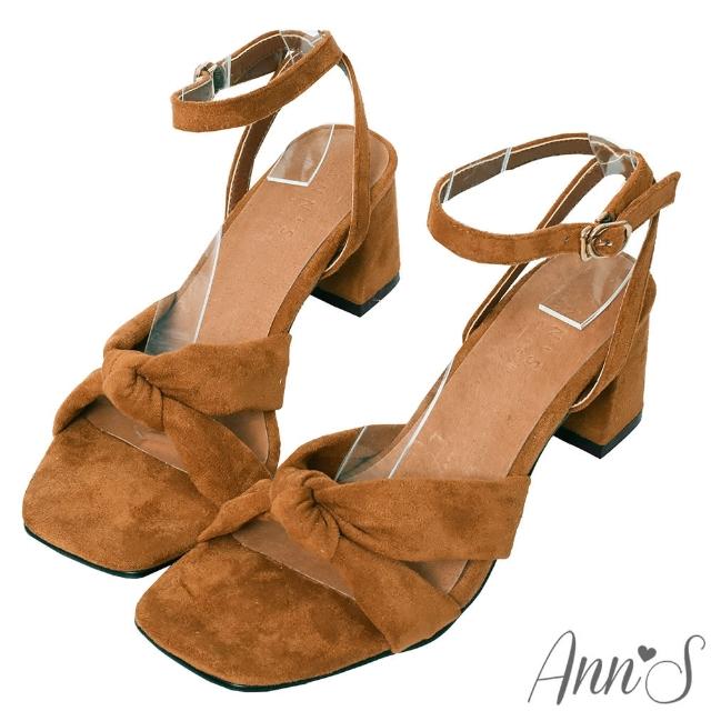 【Ann’S】夏日的親密接觸-舒適絨布氣質扭結方頭粗跟涼鞋6cm-版型偏小(棕)