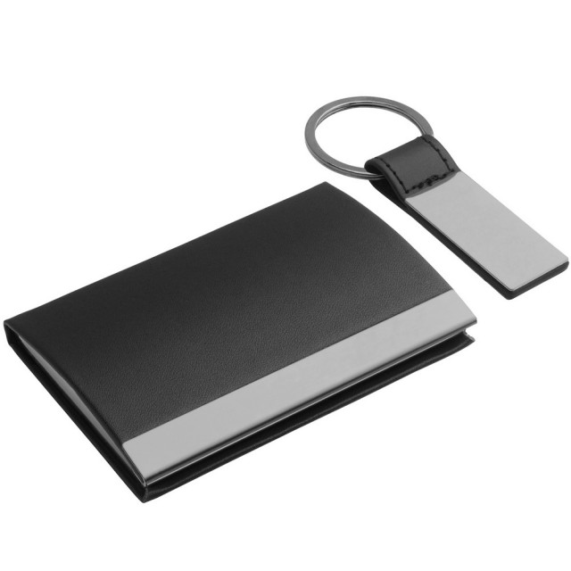 【REFLECTS】鑰匙圈+磁性皮革名片盒2件 黑(證件夾 卡夾)
