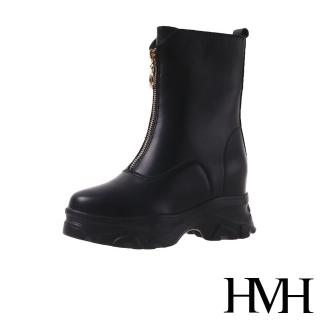 【HMH】厚底中筒靴 內增高中筒靴/時尚經典前拉鍊造型內增高厚底中筒靴(黑)