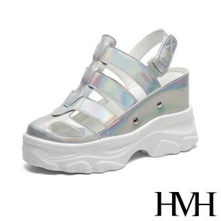 【HMH】時尚復古縷空線條包頭個性厚底內增高羅馬涼鞋(銀)