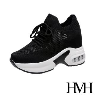 【HMH】舒適時尚縷空飛織網布綁帶造型氣墊厚底內增高休閒鞋(黑)