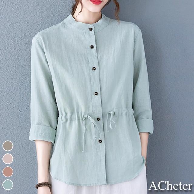【ACheter】立領寬鬆休閒系帶長袖棉麻襯衫#110356現貨+預購(4色)