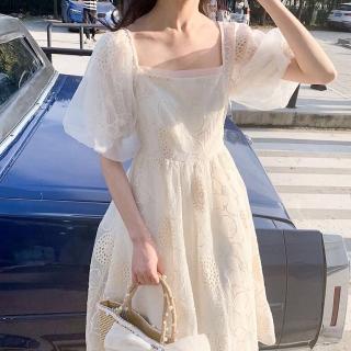 【BBHONEY】法式氣質顯瘦連衣裙名媛公主鏤空花朵洋裝(網美必備款)