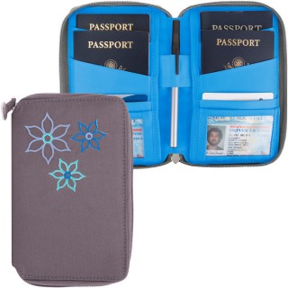 【Travelon】Bouquet繡花拉鍊防護證件護照夾 灰(RFID防盜 護照保護套 護照包 多功能收納包)