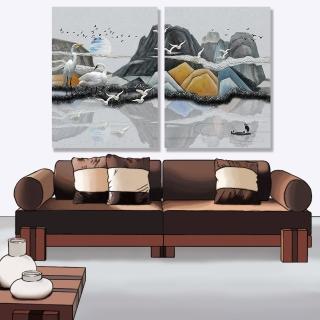 【24mama 掛畫】二聯式 油畫布 景觀 抽象 插圖 滿月 雲 動物 船 倒影 湖 無框畫-30x40cm(抽象丘陵)