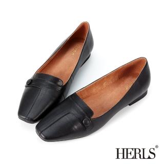 【HERLS】平底鞋-全真皮縫線拼接設計圓釦小方頭平底鞋(黑色)